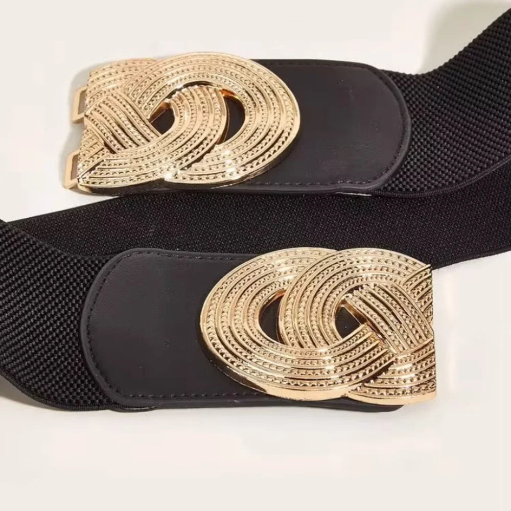 🆕 Gold Black Vintage Interlocking Buckle Elastic Waist Adjustable Belt Small
